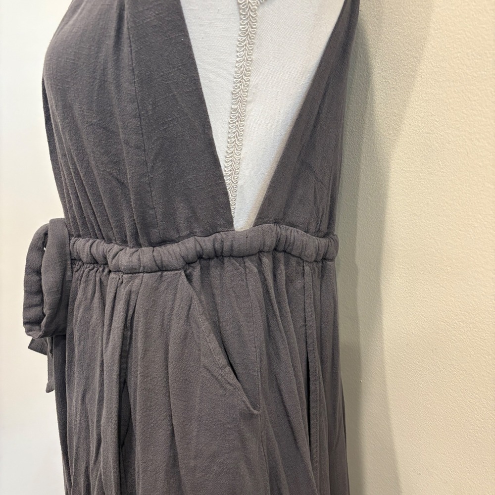 Free People Spring Love Midi Dress Carbon Gray Halter Open Back Pom Trim XS Boho - Picture 8 of 12
